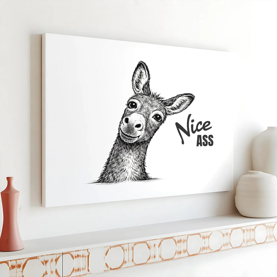 Funny 'Nice Ass' Donkey Canvas Print | Minimalist Sketch Animal Art | Premium Gallery Wrapped Wall Decor | Unique Bathroom Humor Gift