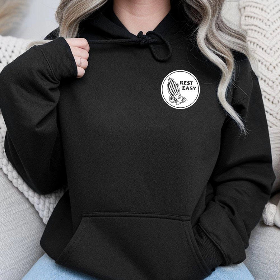Rest Easy Skeleton Hoodie | Praying Hands Graphic Streetwear | Premium Cotton Blend Unisex Pullover | Edgy Aesthetic Gift for Him or Her