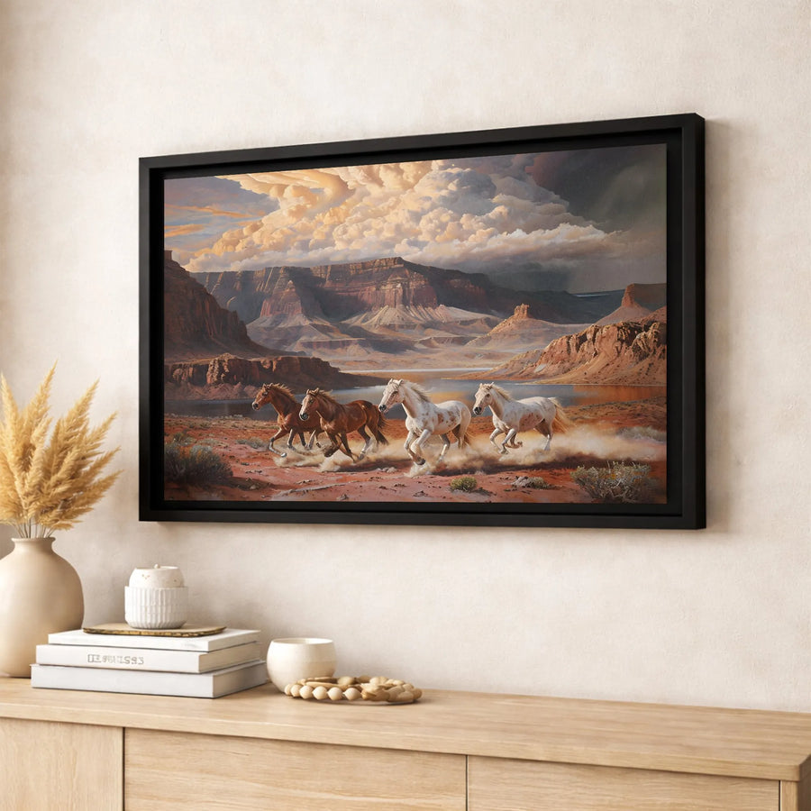 Wild Horses Canvas Wall Art | Galloping Canyon Desert Landscape | Premium Gallery Wrapped Print | Western Home Decor Gift