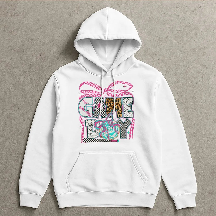 Game Day Baseball Hoodie | Trendy Coquette Graphic with Leopard & Checkered Print | Soft Cotton Blend | Gift for Baseball Mom & Sports Fans