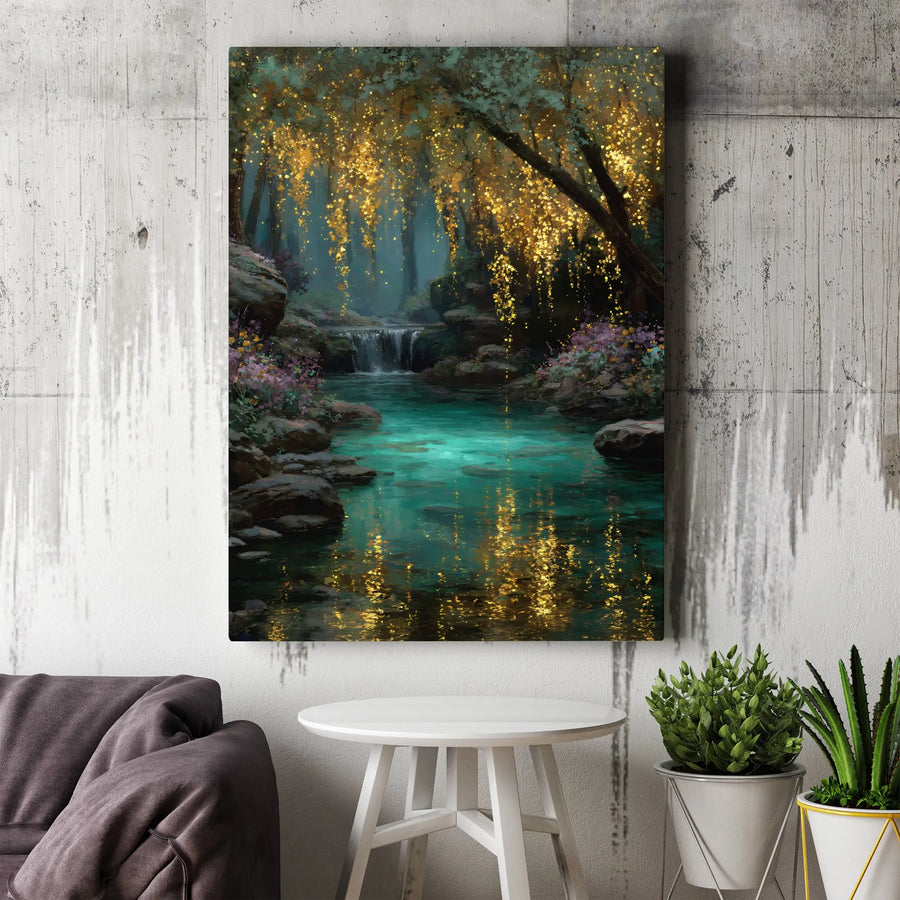 Enchanted Forest Vertical Canvas | Glowing Golden Trees & Mystical River Scene | Premium Gallery Wrapped Wall Art | Modern Frameless Home Decor Gift