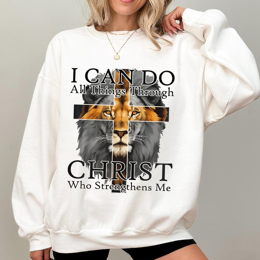 I Can Do All Things Through Christ Sweatshirt | Lion Cross Religious Graphic | Premium Cotton Blend | Inspirational Christian Gift for Faith