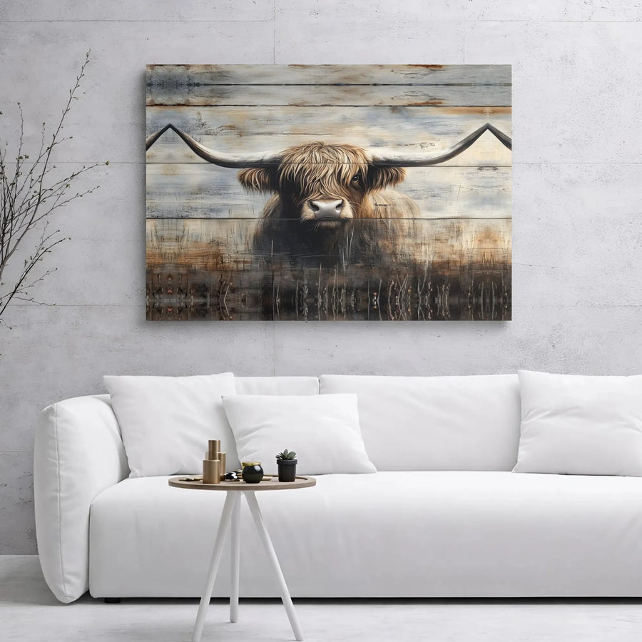 Highland Cow Canvas Wall Art | Rustic Farmhouse Animal Portrait | Premium Gallery Wrap Print | Nature Home Decor Gift For Her