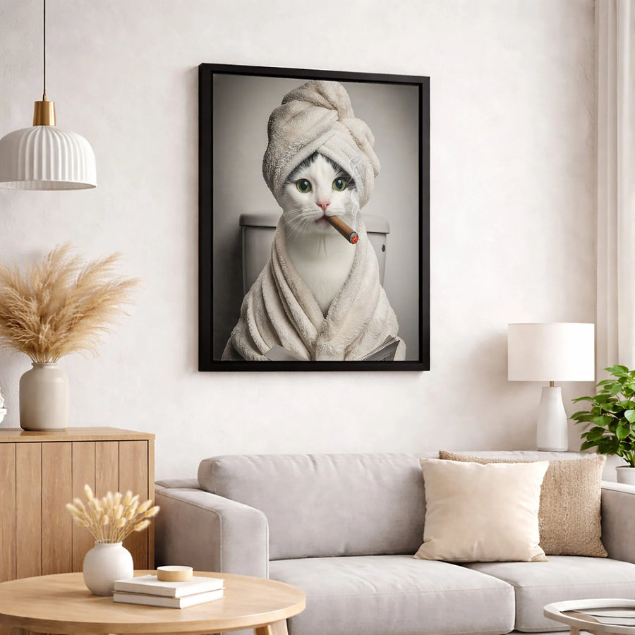 Cat Smoking Cigar on Toilet Wall Art | Funny Bathroom Decor | Premium Fade-Resistant Canvas | Unique Humor Gift for Cat Lovers