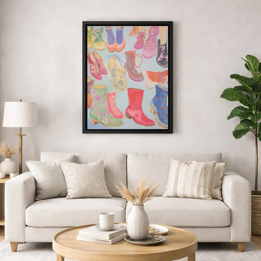 Fashion Illustration Canvas Wall Art | Colorful Assorted Shoes And Boots Print | Premium Gallery Wrapped Decor | Trendy Gift For Shoe Lovers