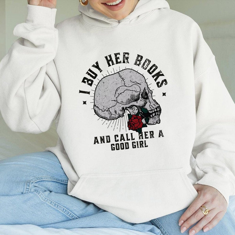 I Buy Her Books Hoodie | Dark Romance Skull Graphic | Premium Cotton Blend | Book Lover Gift for Readers and Smut Fans