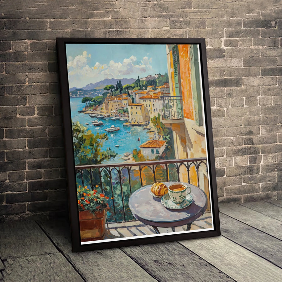 Italian Riviera Canvas Print | Coastal Amalfi Balcony View with Coffee | Gallery-Wrapped Premium Wall Art | Mediterranean Home Decor Gift