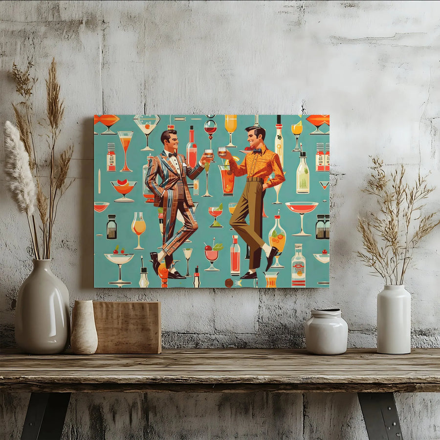 Retro Cocktail Party Canvas Wall Art | Mid Century Modern Men Toasting Print | Premium Fade-Resistant Gallery Wrap | Sophisticated Bar Decor Gift