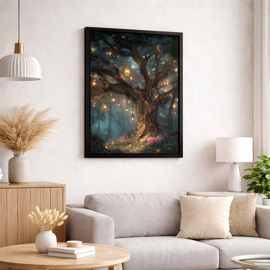Enchanted Forest Canvas Wall Art | Whimsical Glowing Lanterns Design | Premium Fade-Resistant Gallery Wrap | Magical Nature Decor for Home