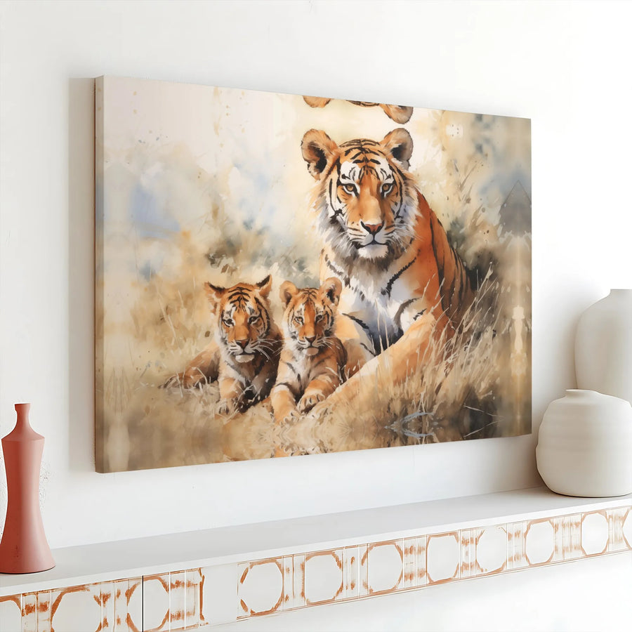Tiger Family Canvas Wall Art | Watercolor Mother Tigress and Two Cubs Print | Premium Gallery-Wrap Decor | Wildlife Lover Gift