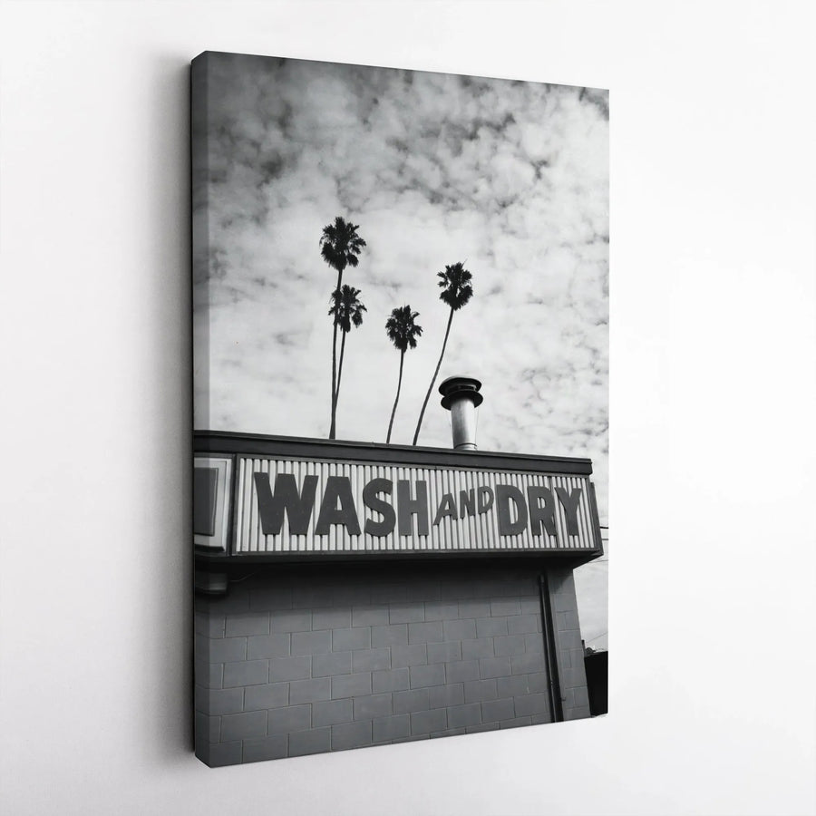 Wash And Dry Laundromat Wall Art | Black and White Palm Tree Photography | 1.25" Gallery Wrap Canvas | Premium Modern Home Decor Print