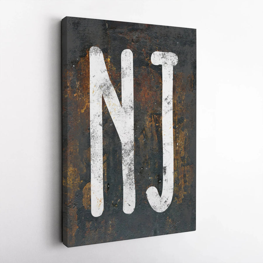 New Jersey State Abbreviation Canvas Art | Rustic Industrial NJ Typography | Premium Gallery-Wrapped Print | Home Office Wall Decor Gift
