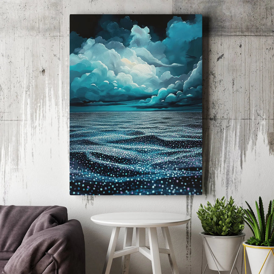 Bioluminescent Ocean Canvas Art | Moody Teal Night Sea Wall Decor | 1.25 Inch Gallery Wrap | Gift For Coastal Home Office