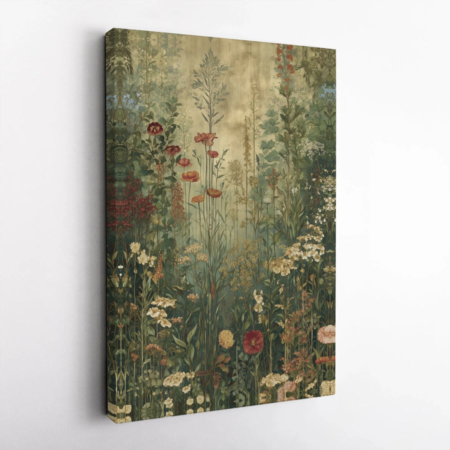 Vintage Wildflower Canvas Print | Moody Floral Meadow with Botanical Illustration | Premium Gallery Wrap Canvas | Cottagecore Home Decor Gift