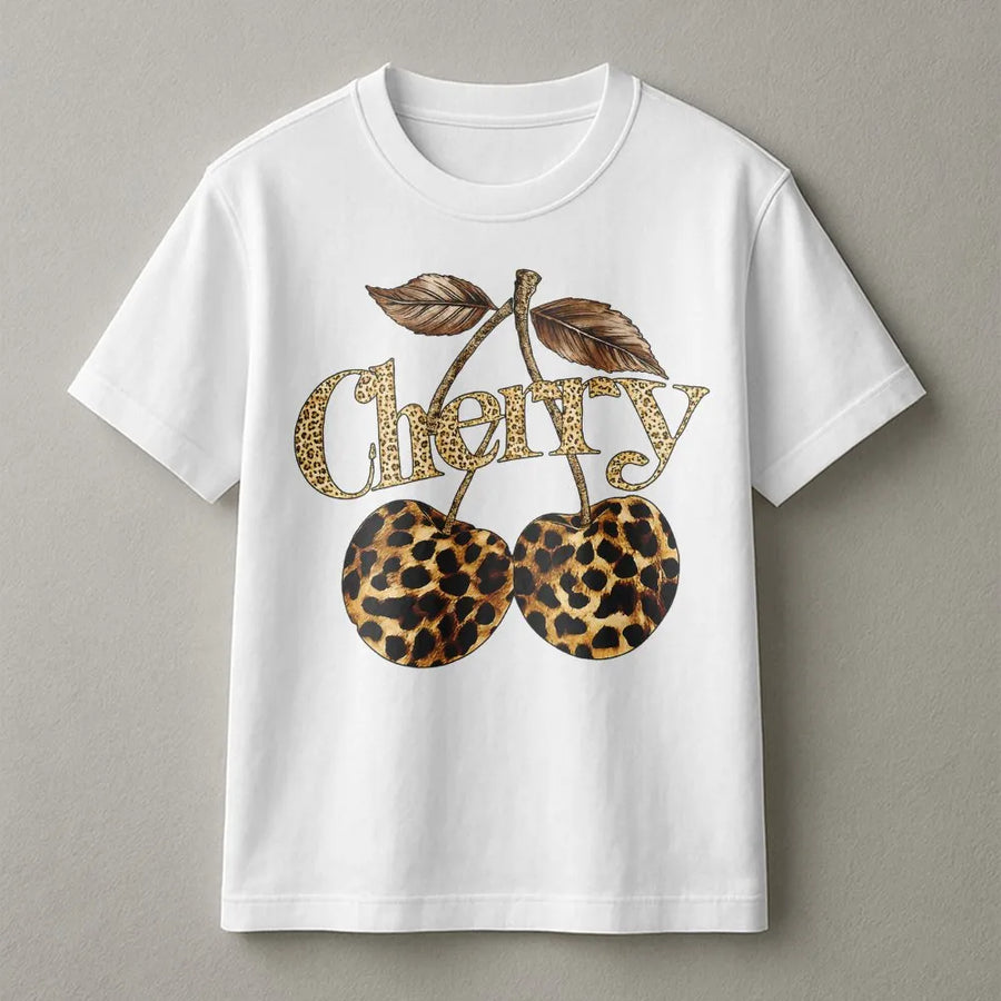 Leopard Cherry T-Shirt | Trendy Animal Print Fruit Graphic | Soft Cotton Blend Fleece | Y2K Aesthetic Gift for Her