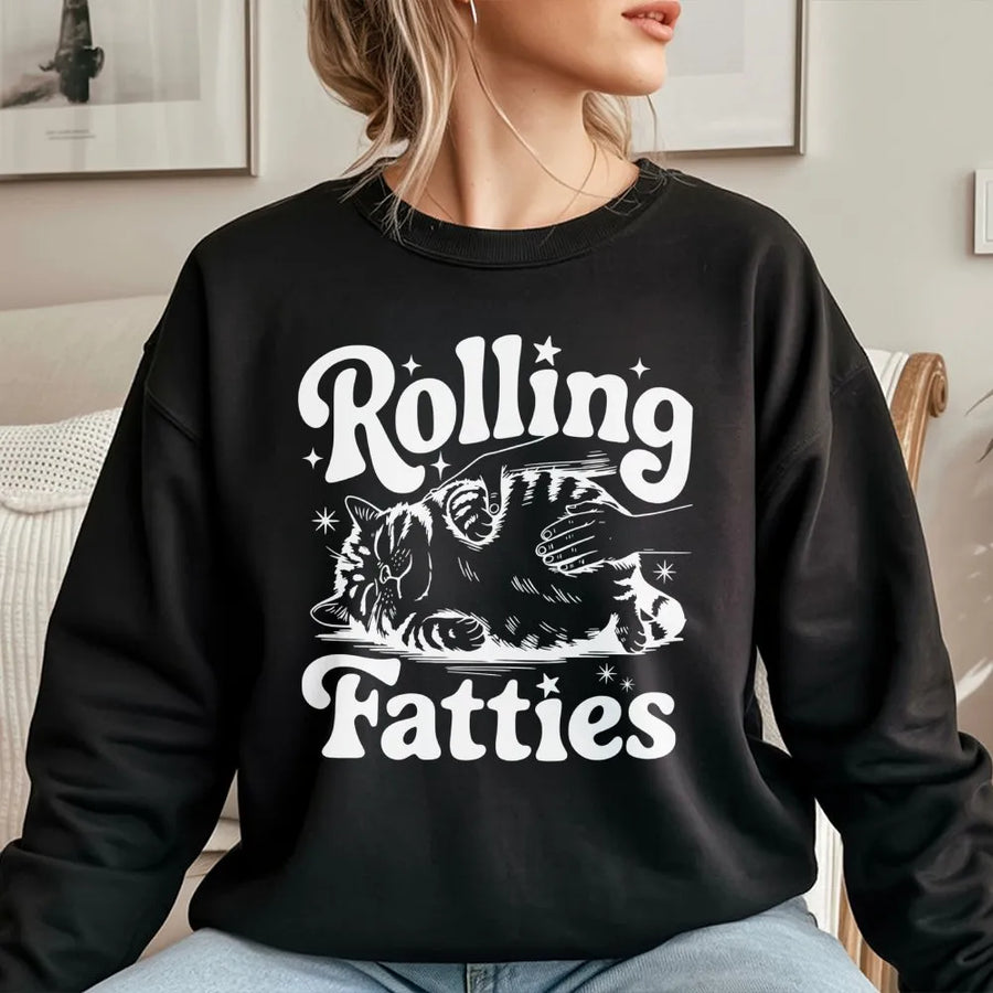 Rolling Fatties Cat Sweatshirt | Retro Funny Chubby Kitty Graphic | Premium Unisex Fleece Pullover | Cute Pet Lover Gift Idea