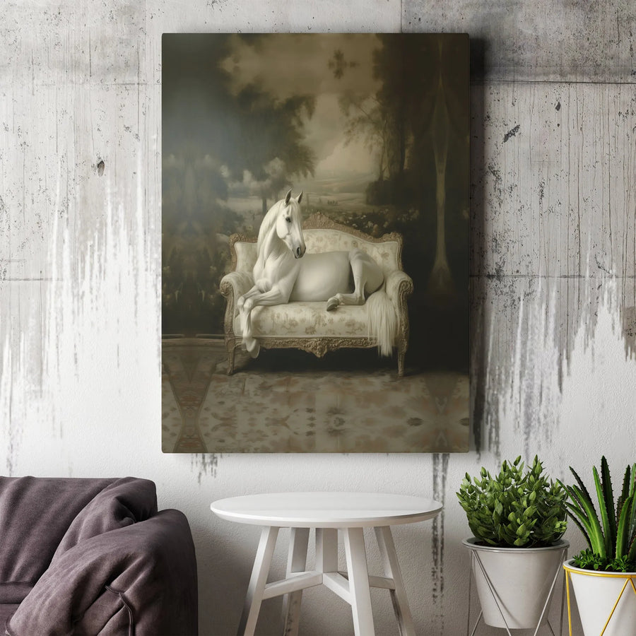 White Horse Canvas Wall Art | Surreal Victorian Sofa Portrait | Premium Gallery-Wrapped Print | Elegant Animal Decor for Living Room