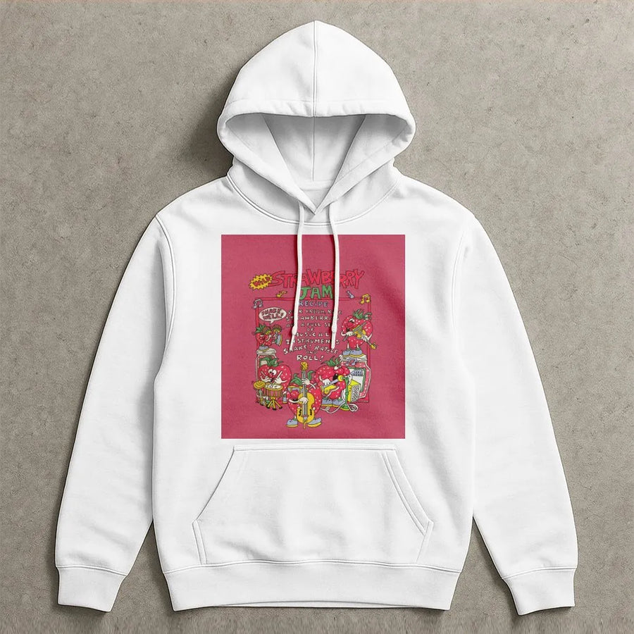 Strawberry Jam Band Hoodie | Cute Retro Fruit Cartoon Graphic | Premium Cotton Blend Streetwear | Aesthetic Indie Gift For Music Lovers