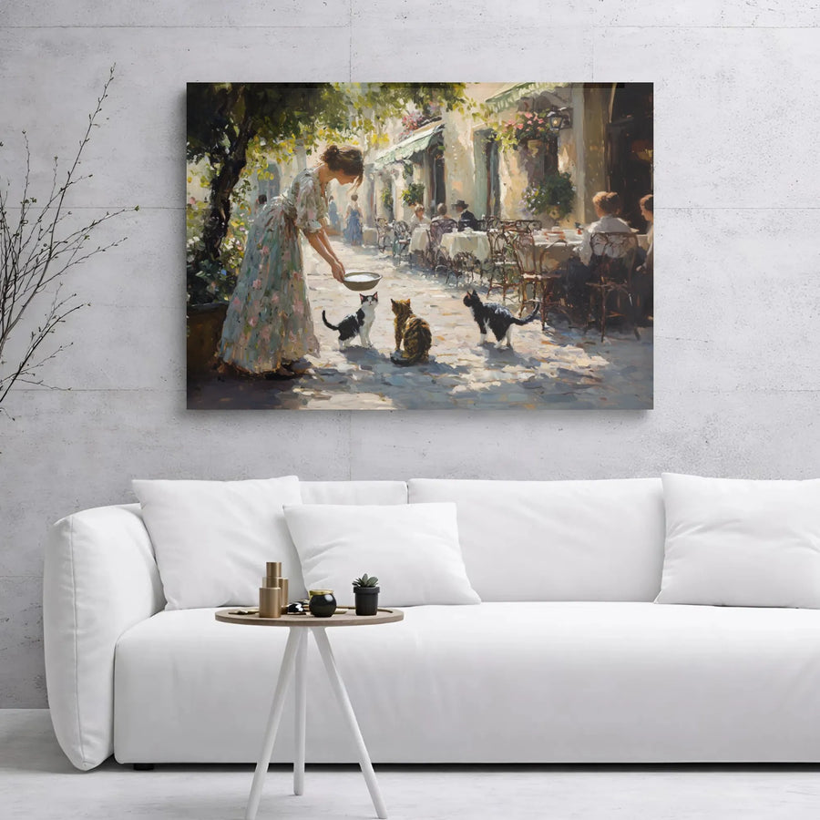 Cafe Scene Canvas Wall Art | Impressionist Woman Feeding Cats Painting | Premium Gallery Wrap Print | Charming French Bistro Gift for Cat Lovers