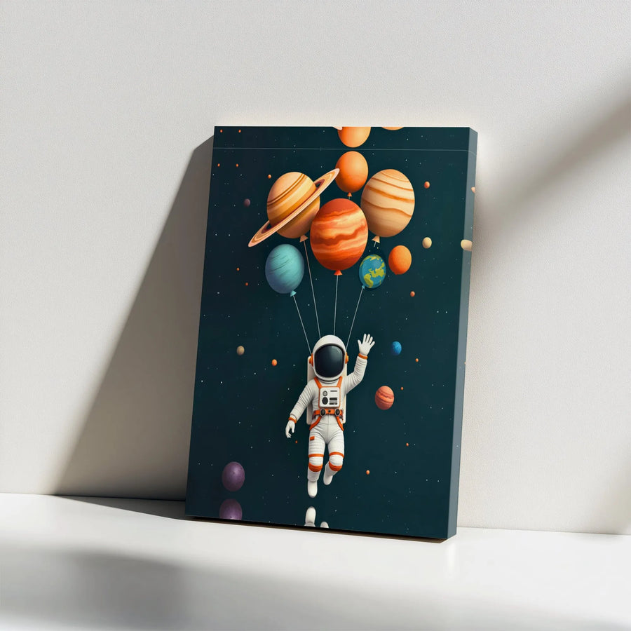 Astronaut Canvas Wall Art | Solar System Planets Balloon Print | Premium 1.25" Gallery Wrap | Modern Kids Space Decor Gift