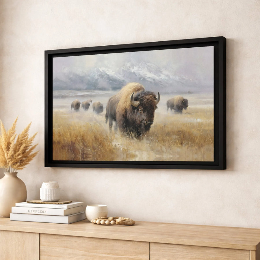 American Bison Canvas Wall Art | Snowy Mountain Landscape Wildlife Print | Premium 1.25-Inch Gallery Wrap | Rustic Home & Office Decor Gift
