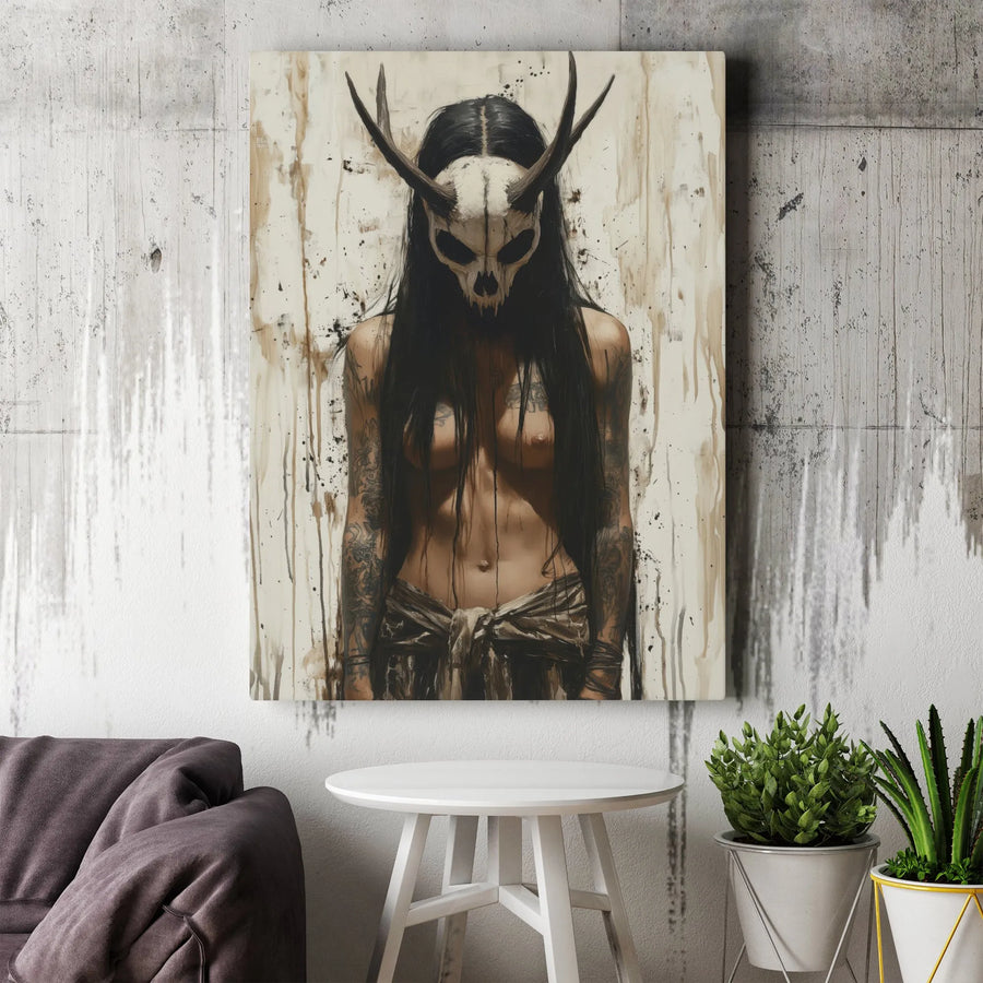 Gothic Skull Mask Canvas Wall Art | Dark Surrealism Tattooed Woman Portrait | Premium Gallery-Wrapped Print | Edgy Home Decor Gift