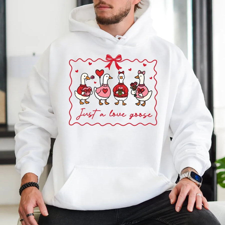 Just A Love Goose Hoodie | Cute Valentine Animal Graphic | Soft Cotton Blend Unisex Pullover | Funny Gift For Goose Lovers & Bird Enthusiasts