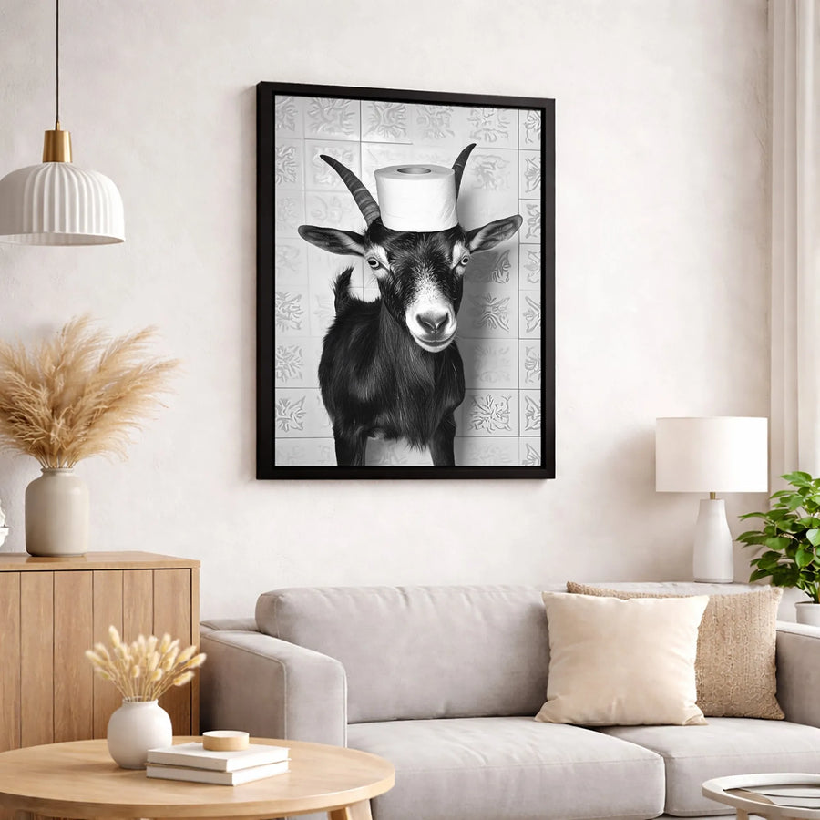 Funny Goat Canvas Wall Art | Whimsical Animal Toilet Paper Print | Premium Fade-Resistant Gallery Wrap | Unique Bathroom Decor Gift for Animal Lovers