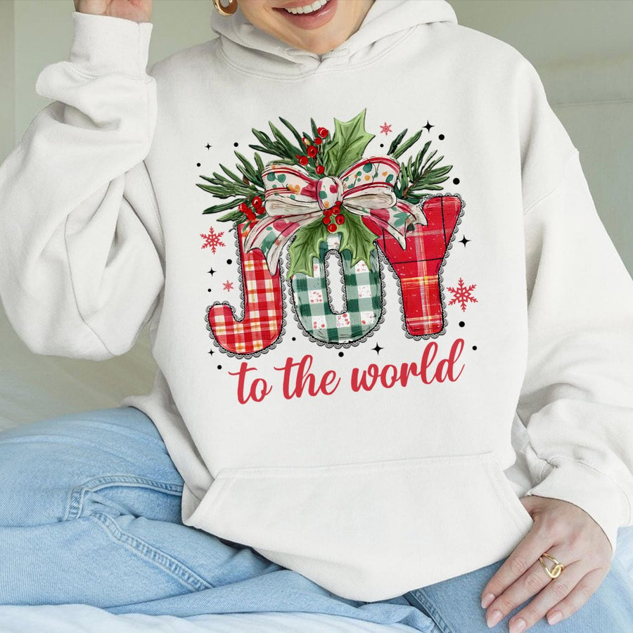 Joy To The World Christmas Hoodie | Festive Buffalo Plaid Typography Design | Soft Cotton-Poly Blend | Premium Christian Holiday Gift for Women