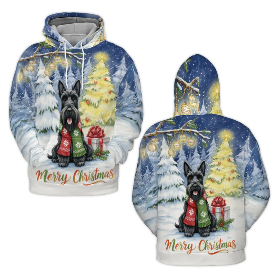 Scottish Terrier Christmas Hoodie | Festive Scottie Dog Winter Scene | Premium Polyester Fleece Pullover | Unisex Holiday Gift for Dog Lovers