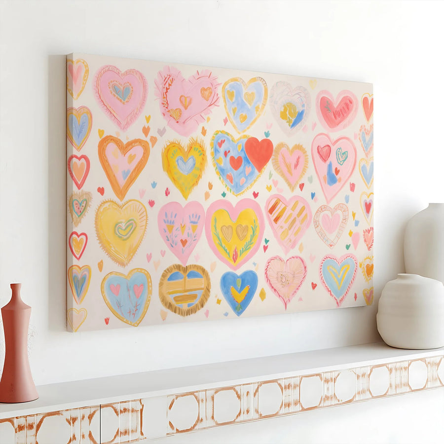 Colorful Heart Collage Canvas Wall Art | Whimsical Hand-Drawn Romantic Decor | Premium 1.25-Inch Gallery Wrap | Sweet Valentine's Gift for Her