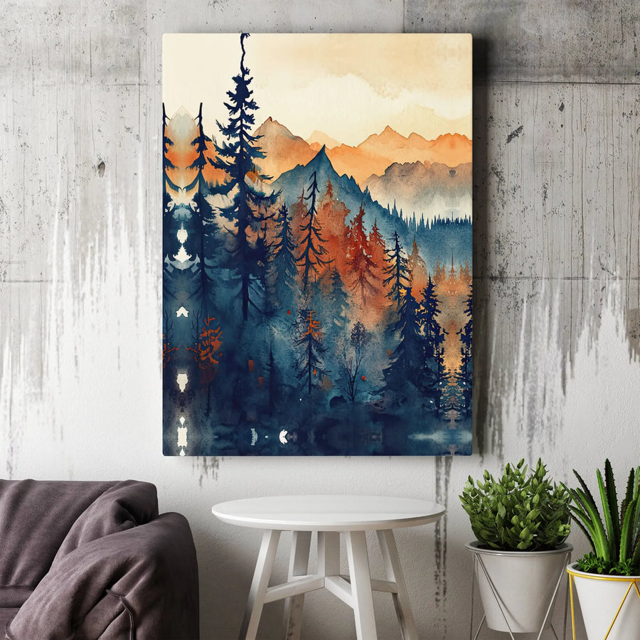 Watercolor Mountain Forest Canvas | Teal and Orange Pine Trees Wall Art | Premium 1.25 Inch Gallery Wrap | Modern Nature Landscape Gift