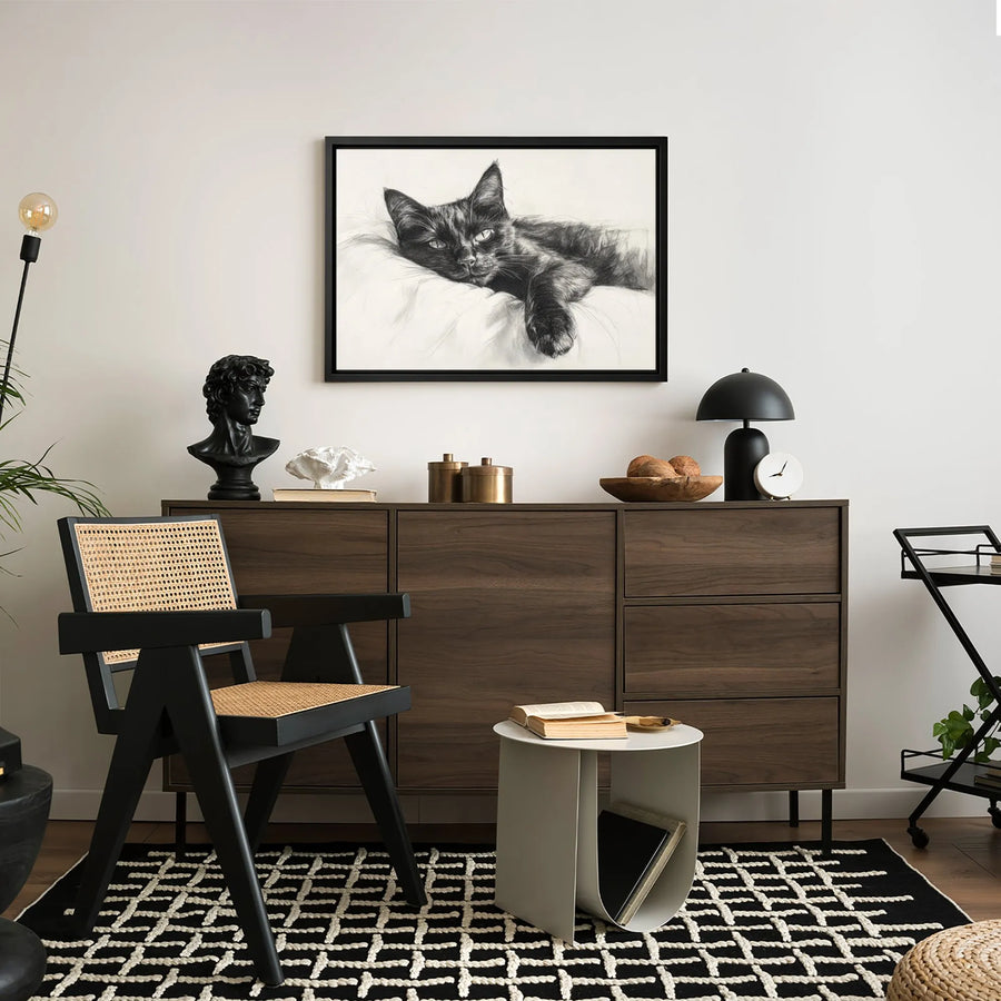 Black Cat Charcoal Sketch Canvas | Artistic Sleeping Kitten Portrait | Premium Gallery-Wrapped Print | Minimalist Home Decor Gift for Cat Lovers
