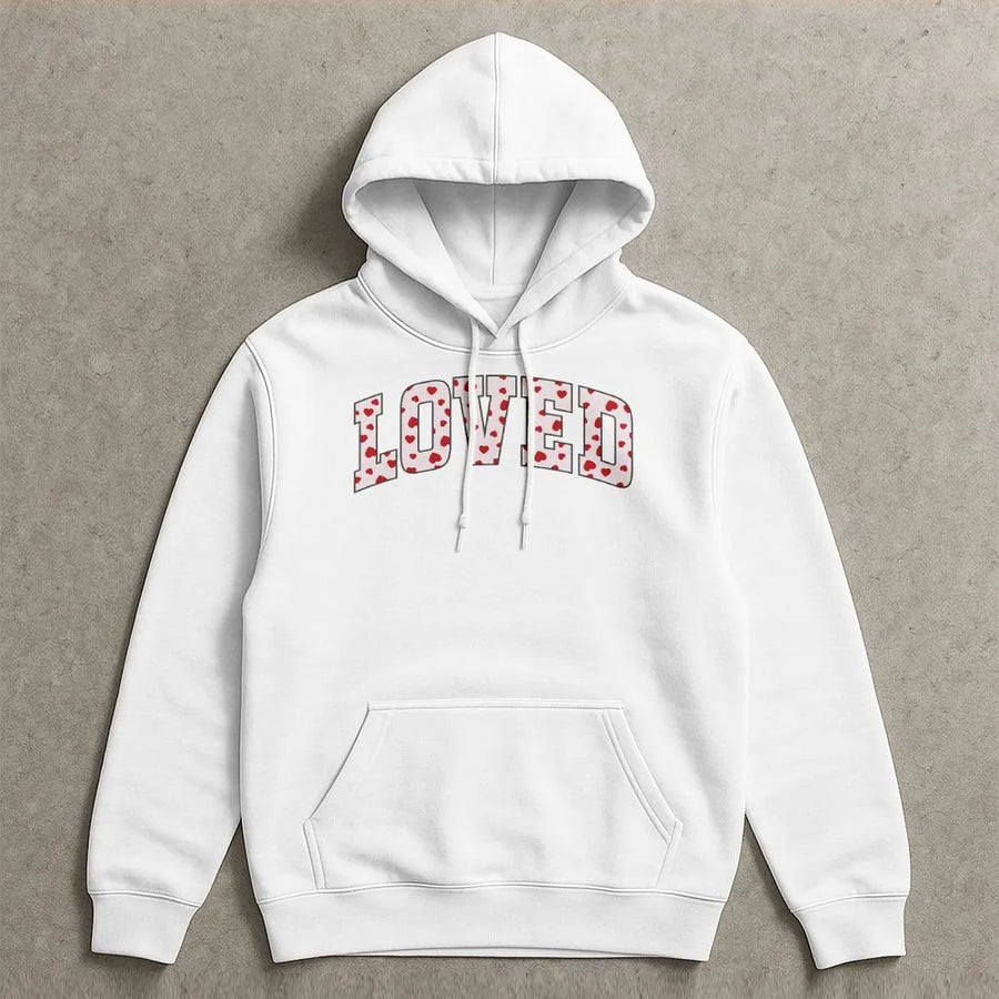 Loved Heart Hoodie | Retro Collegiate Varsity Font | Premium Cotton-Blend Fleece | Cute Valentine's Day Gift For Her Or Him