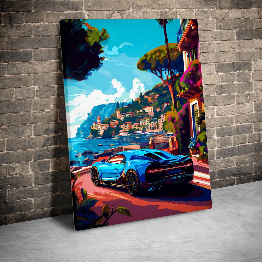 Luxury Sports Car Wall Art | Mediterranean Coastal Road Trip Illustration | Premium Gallery Wrapped Canvas | Gift for Car Enthusiasts