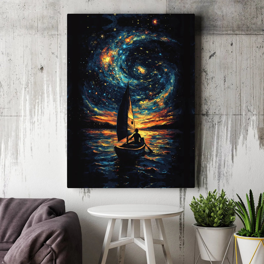 Cosmic Ocean Sailboat Canvas Art | Swirling Galaxy Night Sky Wall Decor | Premium 1.25" Gallery Wrap | Dreamy Celestial Gift for Space Lovers