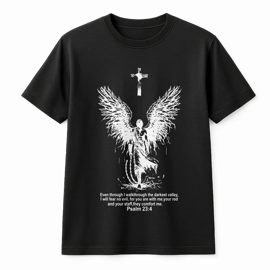 Psalm 23:4 Christian T-Shirt | Angel Wings Guardian Design | 100% Cotton Premium Tee | Faith-Based Religious Gift for Men and Women