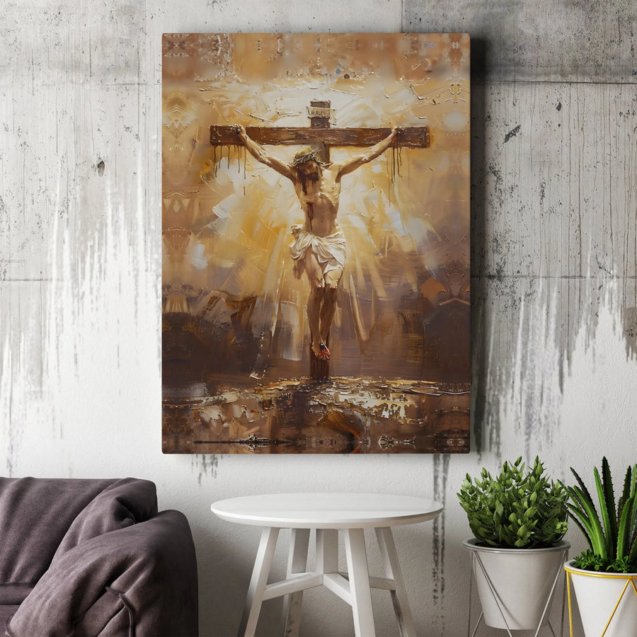 Crucifixion of Jesus Canvas Wall Art | Impasto Oil Style Religious Print | Premium Gallery Wrap | Christian Home Decor Gift for Believers