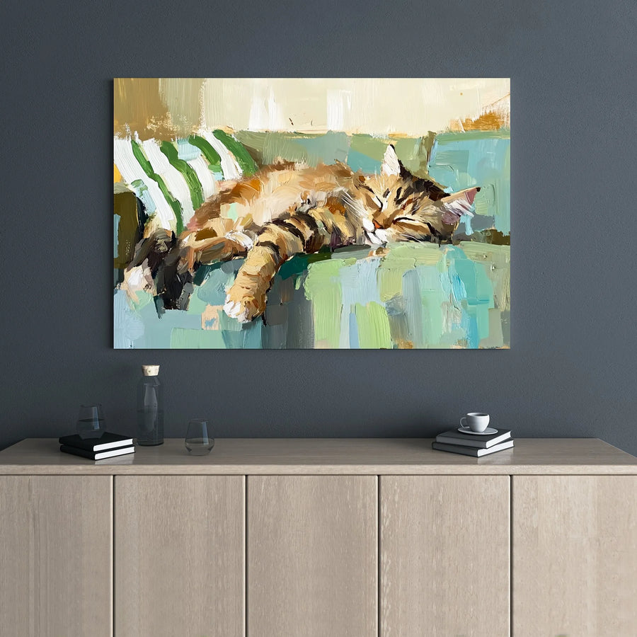 Sleeping Tabby Cat Canvas Art | Impressionist Oil Painting Style | Premium Gallery Wrap 1.25" Frame | Cozy Home Office Decor Gift for Cat Lovers