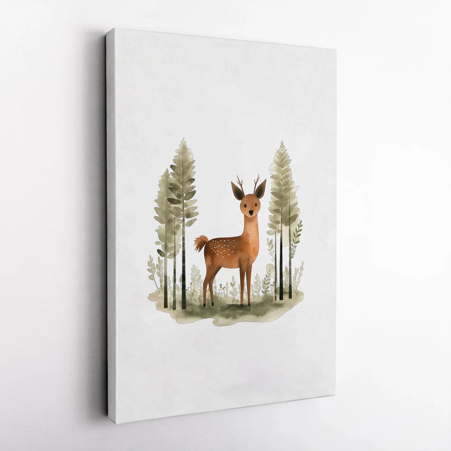 Cute Woodland Deer Canvas Art | Watercolor Forest Animal Wall Decor | Premium 1.25-Inch Gallery Wrap | Nursery And Kids Room Wall Decor