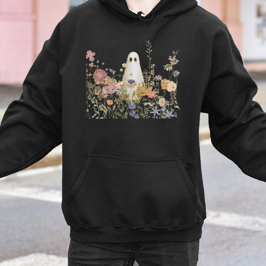 Ghost in Wildflowers Hoodie | Aesthetic Spooky Floral Graphic | Premium Cotton Blend | Cute Halloween Sweatshirt Gift for Women and Teens