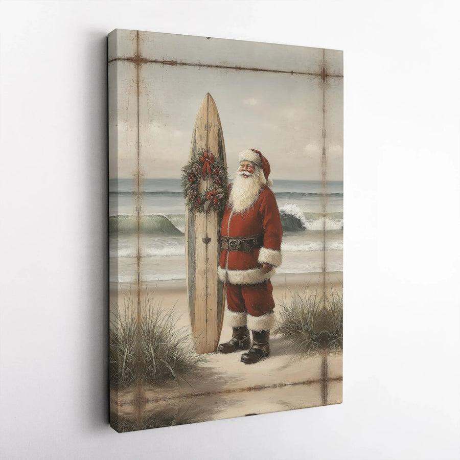 Coastal Santa Wall Art | Vintage Surfing Santa With Christmas Wreath | Premium Gallery Wrapped Canvas | Holiday Beach House Decor Gift