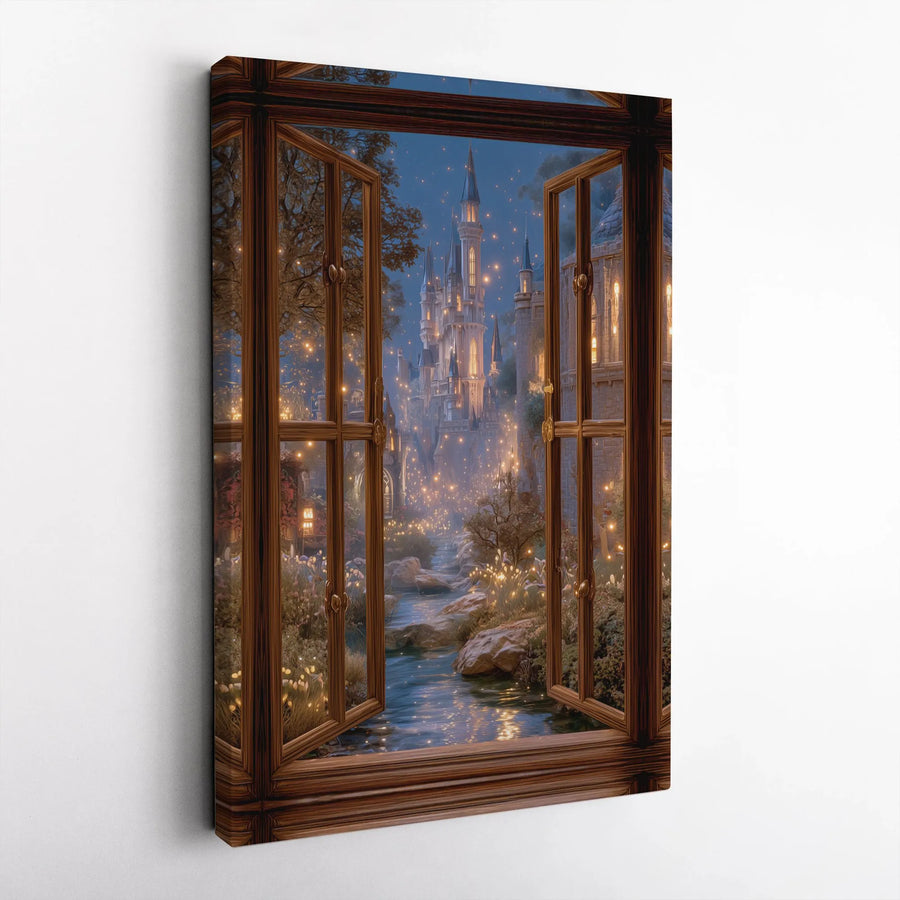 Magical Fantasy Castle Window Canvas Print | Enchanted Night Forest View Wall Art | Premium Fade-Resistant Gallery Wrap | Whimsical Home Decor Gift