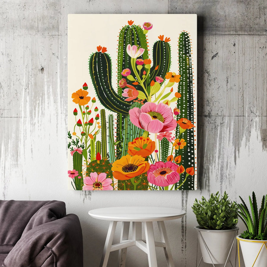 Cactus Flower Vertical Canvas | Vibrant Botanical Illustration | Premium Gallery Wrapped Canvas | Modern Boho Home Decor Gift