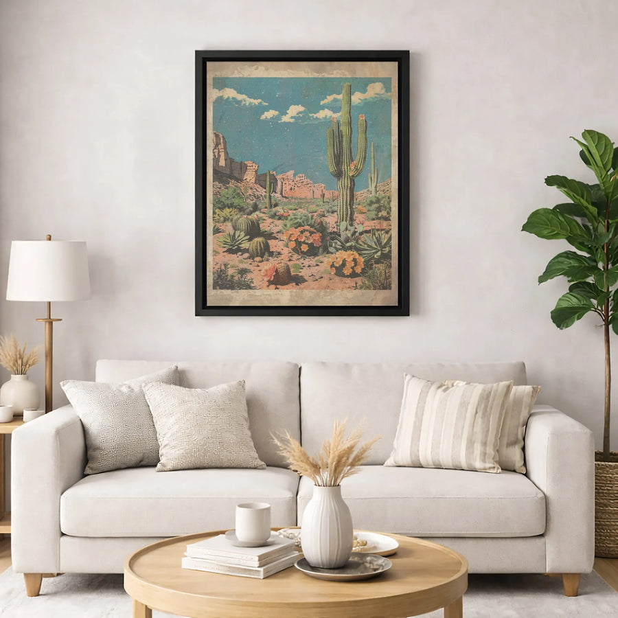 Vintage Desert Landscape Canvas Art | Saguaro Cactus Southwestern Wall Decor | Premium Fade-Resistant Print | Bohemian Home Office Gift