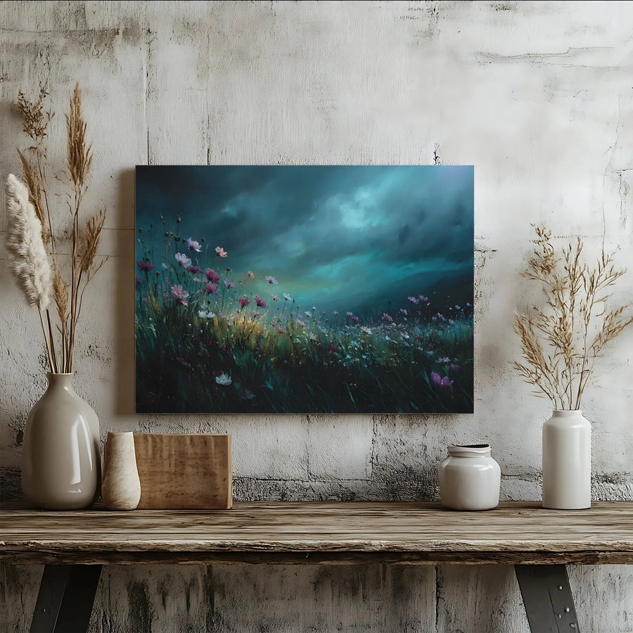 Wildflower Meadow Canvas Print | Moody Floral Landscape with Stormy Sky | Premium Gallery Wrapped Wall Art | Collector's Gift for Living Room Decor