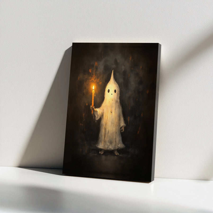 Cute Ghost with Candle Canvas Print | Dark Academia Gothic Horror Painting | Premium Frameless Gallery Wrap | Halloween Decor Collector's Gift