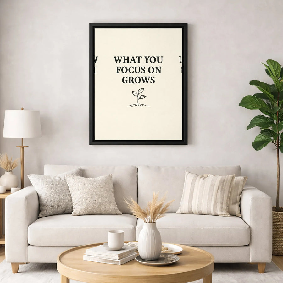 What You Focus On Grows Canvas Wall Art | Minimalist Sprouting Plant Decor | Gallery-Wrapped Premium Print | Motivational Office or Home Gift