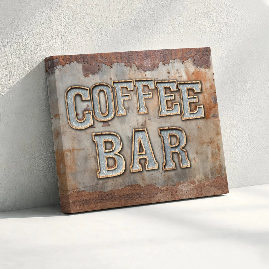 Coffee Bar Canvas Wall Art | Faux 3D Industrial Metal Lettering Print | Premium Gallery Wrap Canvas | Rustic Kitchen & Cafe Decor Gift