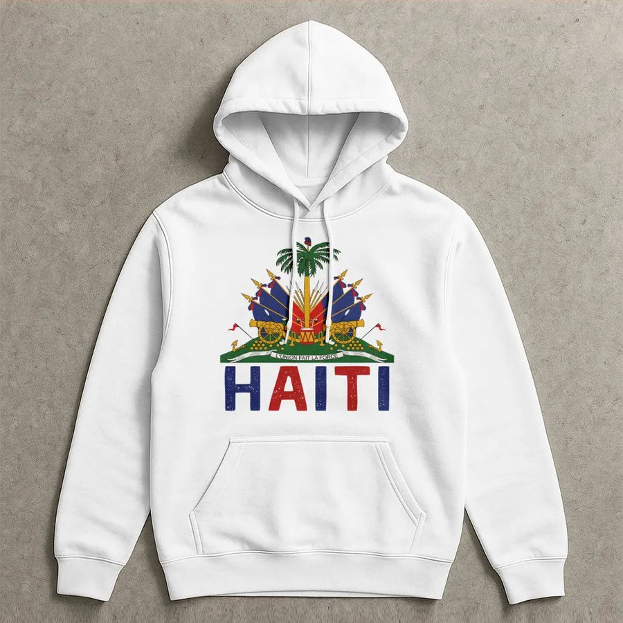 Haitian Pride Hoodie | Vintage Haiti Coat of Arms Graphic | Soft 100% Cotton | Freedom Began With Us Patriotic Gift